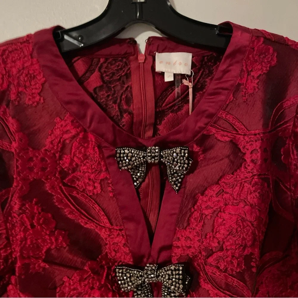 Entro USA Red Jacquard Bow Embellisment Short Dress Puff Sleeve Large valentines - Picture 5 of 6